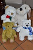 A BOX OF MODERN SOFT TOYS, AND A DOOR STOP, Marks and Spencer Polar Bear, large dog door stop etc,