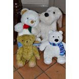 A BOX OF MODERN SOFT TOYS, AND A DOOR STOP, Marks and Spencer Polar Bear, large dog door stop etc,