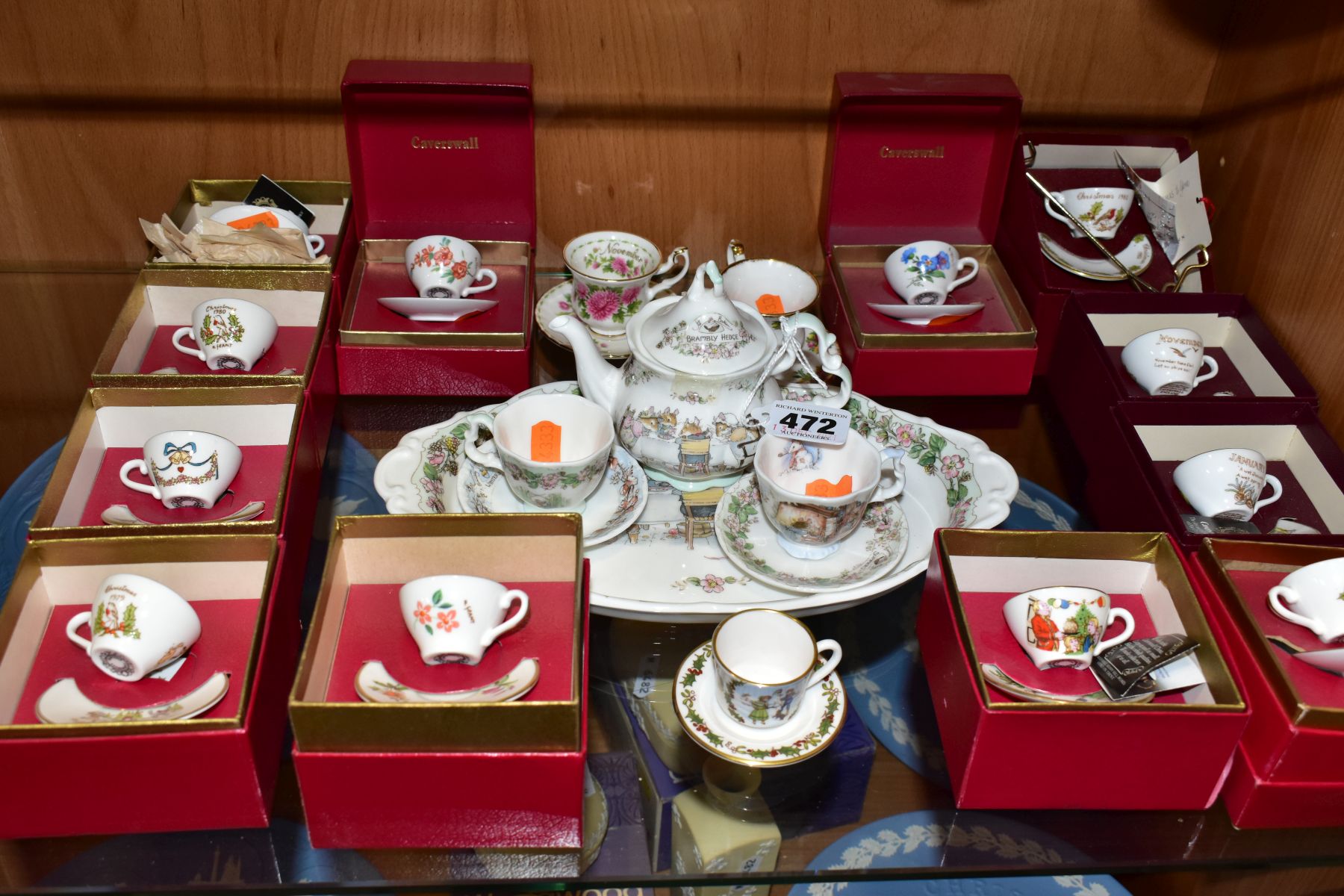 A COLLECTION OF BOXED CAVERSWALL MINIATURE CUPS AND SAUCERS AND OTHER MINIATURE TEAWARES,