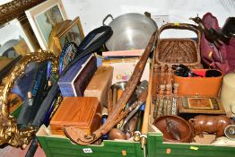 TWO BOXES AND LOOSE TREEN, METALWARES, MIRRORS, TOOLS AND SUNDRY ITEMS, to include a wicker shopping