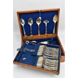 A CANTEEN OF CUTLERY, wooden near complete canteen of kings pattern plated cutlery, to include table