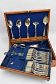 A CANTEEN OF CUTLERY, wooden near complete canteen of kings pattern plated cutlery, to include table