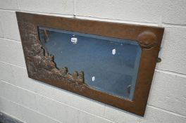 A 1920'S RECTANGULAR COPPER WALL MIRROR, embossed with a coaching scene to the bottom left corner