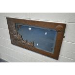 A 1920'S RECTANGULAR COPPER WALL MIRROR, embossed with a coaching scene to the bottom left corner