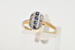 A DIAMOND AND SAPPHIRE RING, four square cut sapphires in a milgrain setting with six accompanying