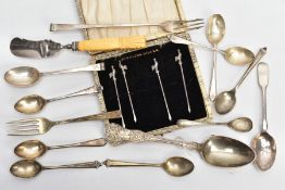 A SELECTION OF SILVER CUTLERY, to include a silver butter knife with floral detailing and an ivory