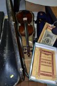 CASED FULL AND HALF SIZE VIOLINS, EXTRA VIOLIN CASE AND SHEET MUSIC, comprising a full size