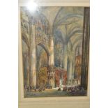 A LATER 19TH CENTURY STUDY OF THE INTERIOR OF TOLEDO CATHEDRAL IN SPAIN, initialled G.R.S bottom