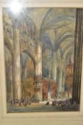 A LATER 19TH CENTURY STUDY OF THE INTERIOR OF TOLEDO CATHEDRAL IN SPAIN, initialled G.R.S bottom