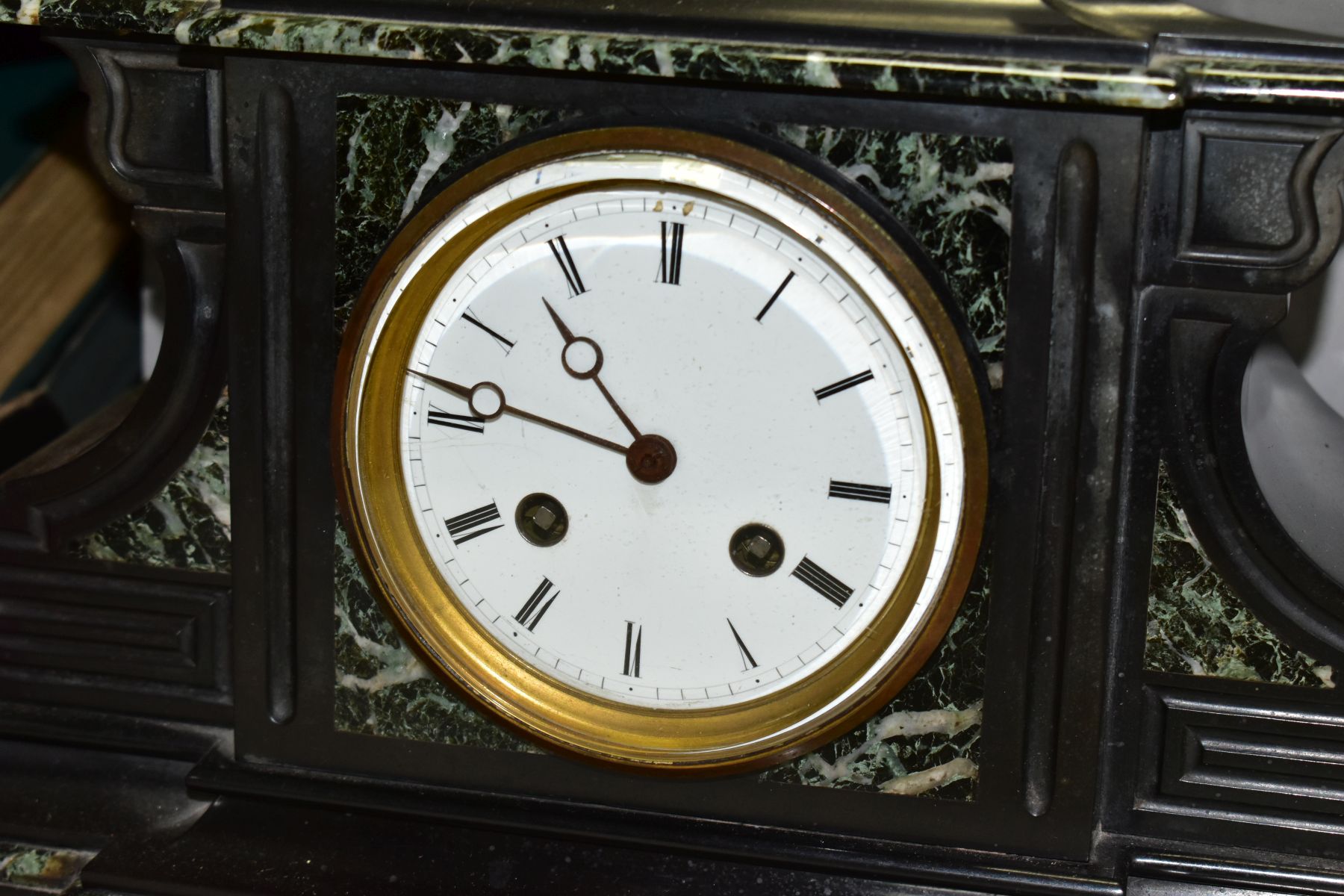 A LATE VICTORIAN BLACK SLATE AND MARBLE MANTEL CLOCK, the white enamel dial with Roman numerals, - Image 2 of 7