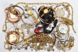 A BAG OF ASSORTED COSTUME JEWELLERY AND ITEMS, to include a yellow metal belcher chain, a yellow