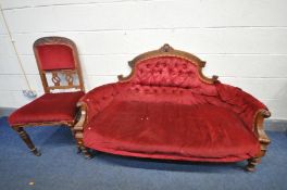 A LATE VICTORIAN WALNUT SOFA, length 155cm (condition:-frame solid but upholstery distressed)