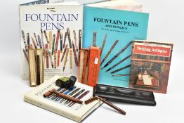 FOUR VINTAGE FOUNTAIN PENS, BOOKS AND WRITING EQUIPMENT, comprising of a De La Rue Onoto The pen