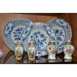 THREE MEISSEN BLUE AND WHITE ONION PATTERN PLATES AND FOUR OTHER ITEMS OF CONTINENTAL PORCELAIN,