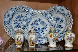 THREE MEISSEN BLUE AND WHITE ONION PATTERN PLATES AND FOUR OTHER ITEMS OF CONTINENTAL PORCELAIN,