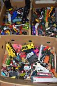 THREE BOXES OF UNBOXED ASSORTED PLAYWORN DIECAST VEHICLES, to include Dinky, Corgi, Matchbox, Hot