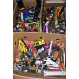 THREE BOXES OF UNBOXED ASSORTED PLAYWORN DIECAST VEHICLES, to include Dinky, Corgi, Matchbox, Hot