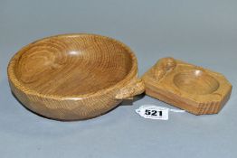 A ROBERT THOMPSON MOUSEMAN OAK NUT BOWL AND ASHTRAY, bowl diameter 15.5cm, ashtray length 10.5cm x