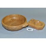 A ROBERT THOMPSON MOUSEMAN OAK NUT BOWL AND ASHTRAY, bowl diameter 15.5cm, ashtray length 10.5cm x