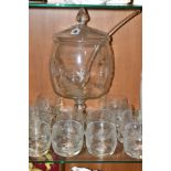 AN ETCHED GLASS PUNCH SET, comprising covered pedestal punch bowl, with etched foliate design, total