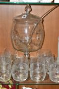 AN ETCHED GLASS PUNCH SET, comprising covered pedestal punch bowl, with etched foliate design, total