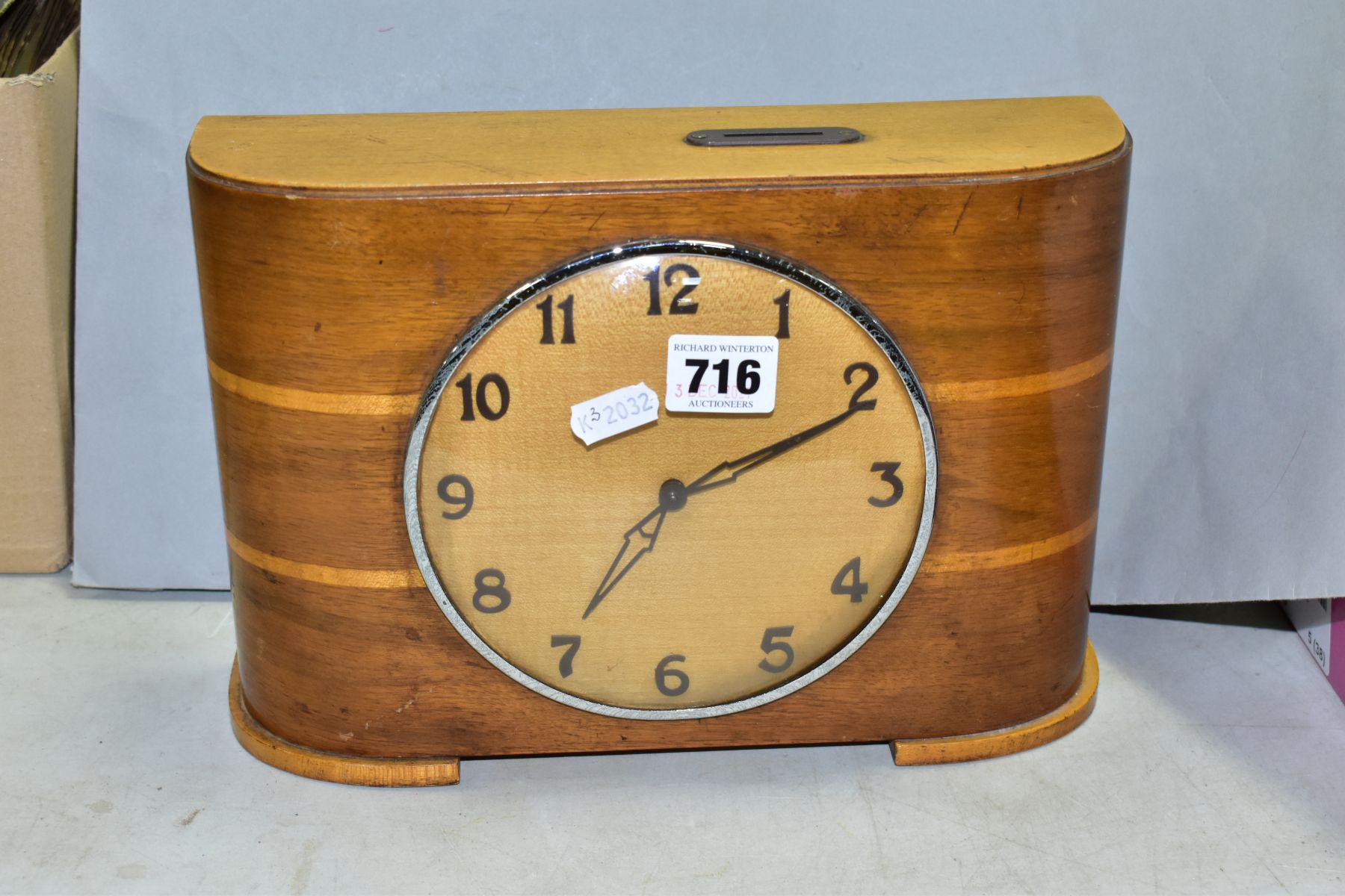 A MID 20TH CENTURY COIN SLOT WALNUT VENEERED MANTEL CLOCK, Arabic numerals, height 19.5cm