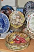 FIFTY FOUR COLLECTORS PLATES, with thirteen boxes, themes to include royalty, cats, dogs,