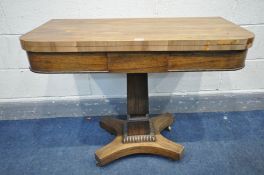 A REGENCY ROSEWOOD CARD TABLE, the fold over top enclosing a green playing surface, on a square