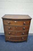 A GEORGIAN AND LATER MAHOGANY AND CROSSBANDED BOWFRONT CHEST OF FOUR LONG GRADUATED DRAWERS, with