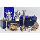 A SELECTION OF SILVER ITEMS, to include two weighted silver candle sticks, hallmarked 'J T Deeley