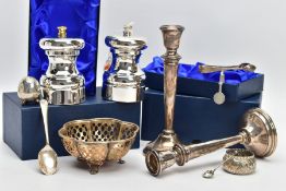 A SELECTION OF SILVER ITEMS, to include two weighted silver candle sticks, hallmarked 'J T Deeley