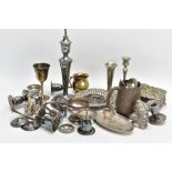A BOX OF ASSORTED WHITE METAL WARE, to include a white metal hammer effect tankard, candle sticks, a