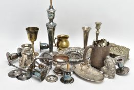 A BOX OF ASSORTED WHITE METAL WARE, to include a white metal hammer effect tankard, candle sticks, a