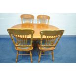 AN OVAL OAK PEDESTAL DINING TABLE, with one additional leaf, open width 154cm x closed width 108cm x