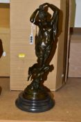 A BOXED REPRODUCTION BRONZE OF A FEMALE NUDE WITH CHERUB, with marble style plinth, approximate