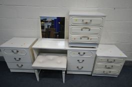 FIVE PIECES OF WHITE BEDROOM FURNITURE, comprising a dressing table with a mirror (damage to back