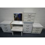 FIVE PIECES OF WHITE BEDROOM FURNITURE, comprising a dressing table with a mirror (damage to back