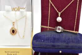 TWO NECKLACES AND A BAR BROOCH, to include a bezel set oval cut garnet in an open work scroll