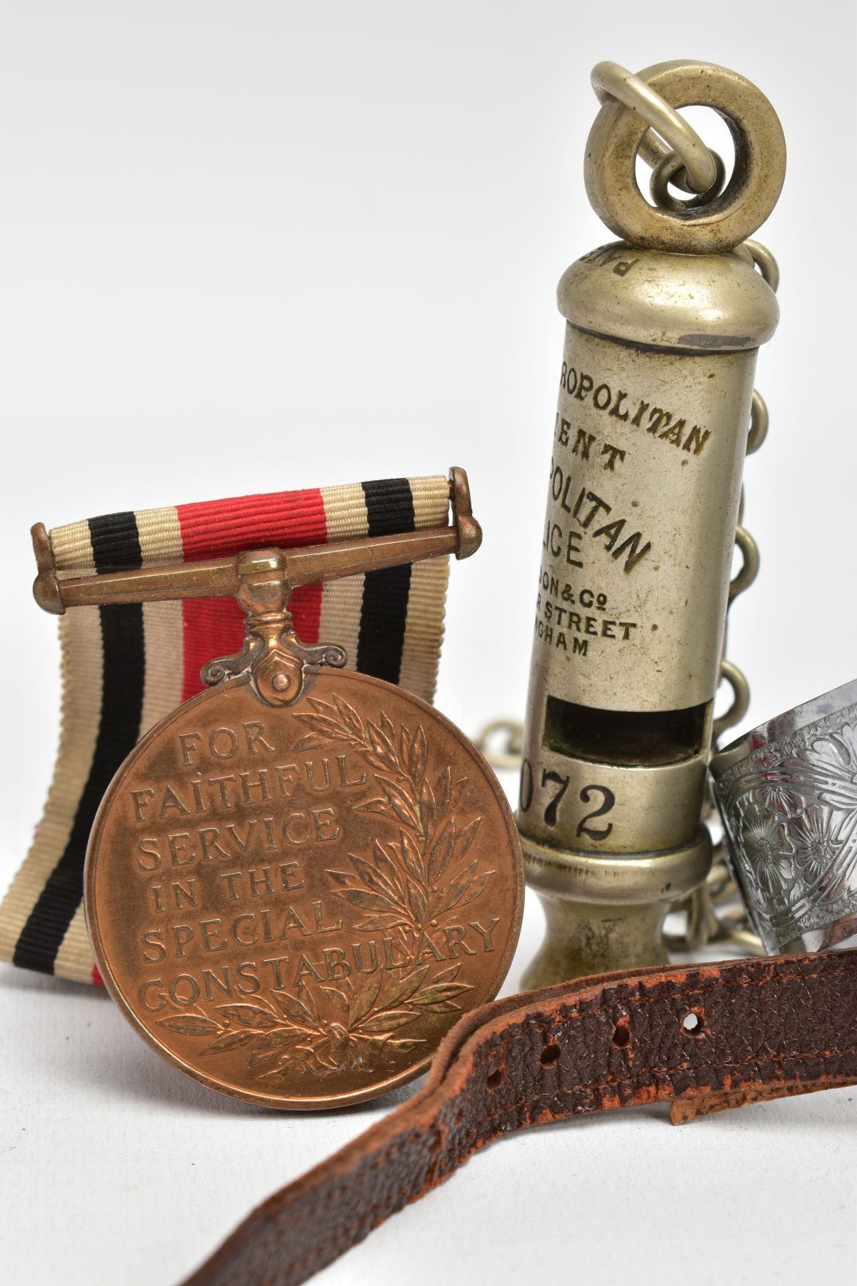 A BAG OF ASSORTED ITEMS, to include a Metropolitan police whistle 013072 with chain, a white metal - Image 6 of 6