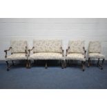 A LOUIS XIII WALNUT 'OS DE MOUTON' STYLE SOFA SUITE, possibly 19th century, reupholstered in cream