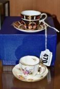 A BOXED ROYAL CROWN DERBY IMARI MINIATURE CUP AND SAUCER, 1128 pattern, date cypher for 1991,