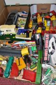 THREE BOXES OF PLAYWORN DIECAST VEHICLES AND OTHER TOYS, to include a sonic controlled Corgi The