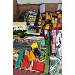 THREE BOXES OF PLAYWORN DIECAST VEHICLES AND OTHER TOYS, to include a sonic controlled Corgi The