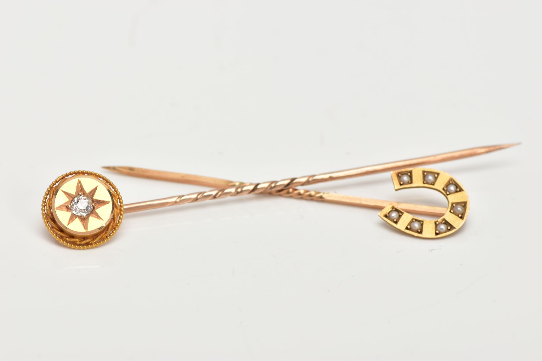 TWO GOLD STICK PINS, one stick pin featuring a horse shoe design set with seven seed pearls, - Image 2 of 3
