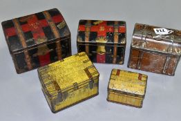 FIVE EARLY 20TH CENTURY SWEET AND BISCUIT TINS IN THE FORM OF TRAVEL TRUNKS AND WICKER BASKETS,