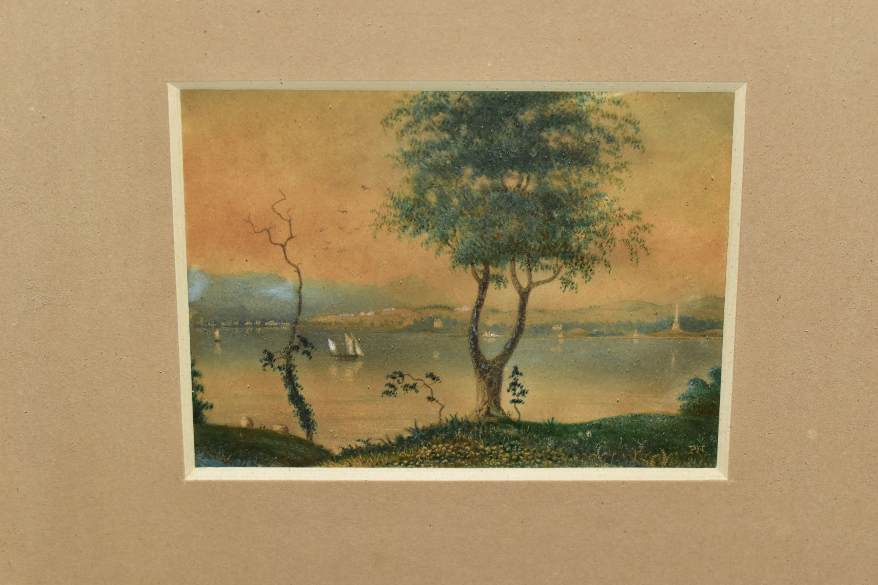 A 19TH CENTURY WATERCOLOUR DEPICTING A VIEW ACROSS A LOUGH, initialled P.N., bears a paper label - Image 2 of 5