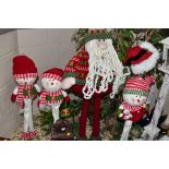 SIX LARGE FABRIC CHRISTMAS FIGURES AND OTHER DECORATIONS, freestanding, comprising five snowmen