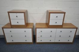 FOUR MATCHING PIECES OF WHITE AND WALNUT BEDROOM FURNITURE, to include a low chest of six drawers,