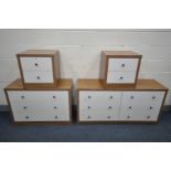 FOUR MATCHING PIECES OF WHITE AND WALNUT BEDROOM FURNITURE, to include a low chest of six drawers,