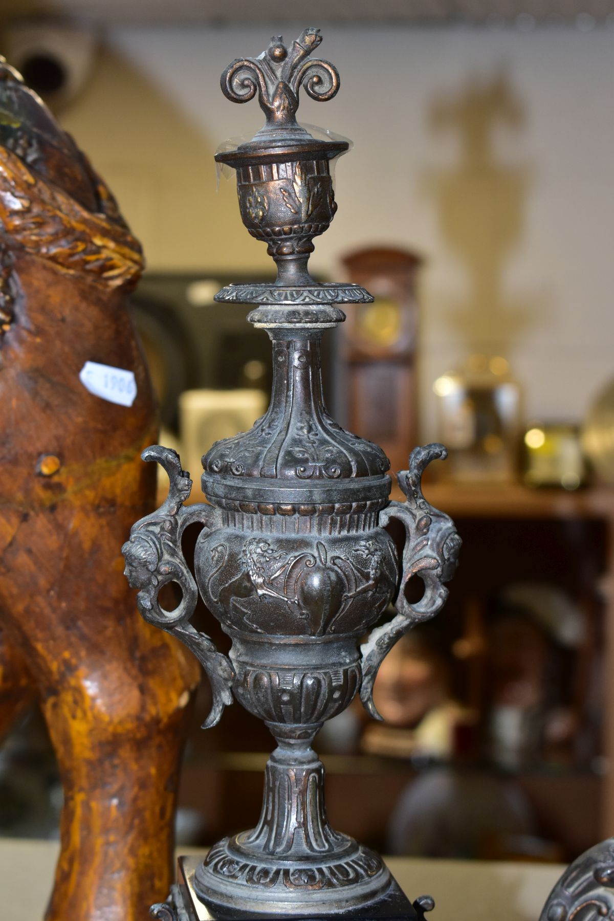 A LATE 19TH CENTURY BRONZED SPELTER AND BLACK SLATE CLOCK GARNITURE, the mantel clock with figure of - Image 3 of 14
